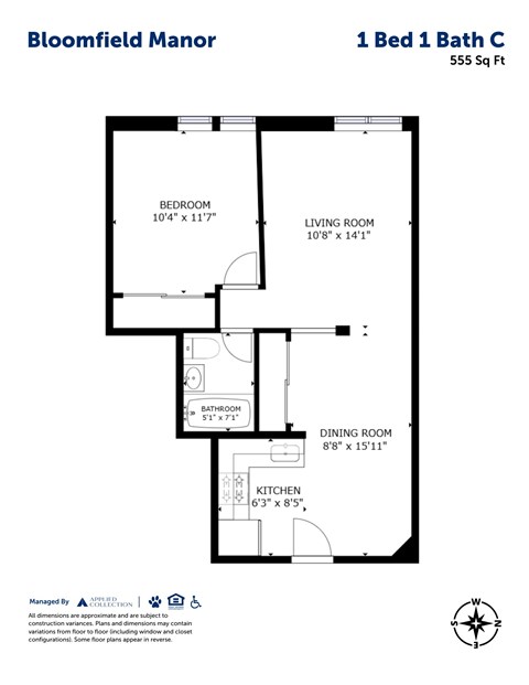 Floor plan for 1 bed, 1 bath, 555 sqft